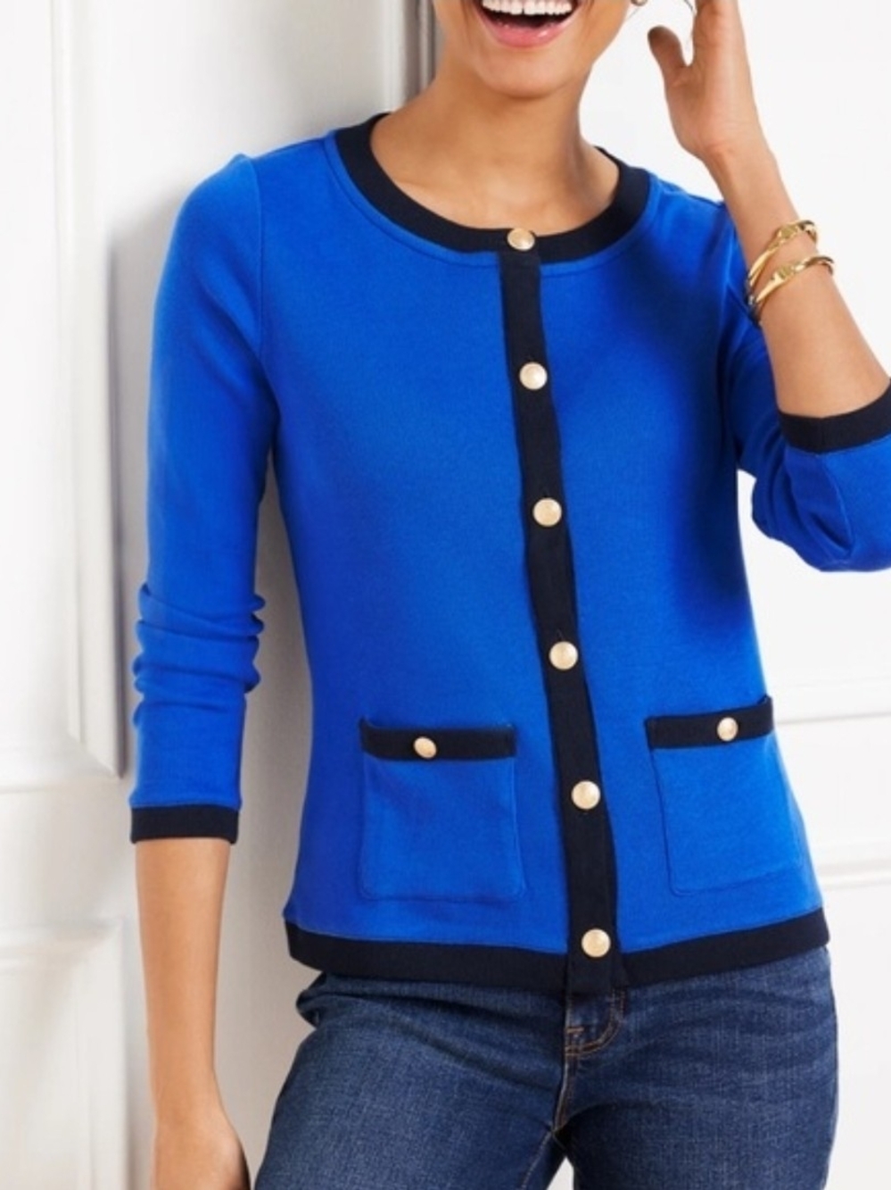 Talbots Royal Blue Crewneck Patch Pocket Button Cardigan with Navy Trim